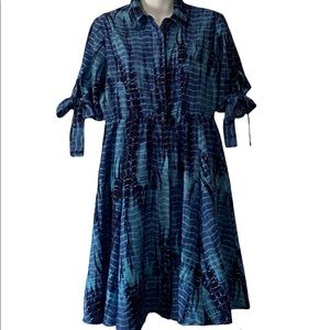 J Gee Blue Dress Batik Print Roll Up Sleeve Boho Handkerchief M Medium Tie Dye